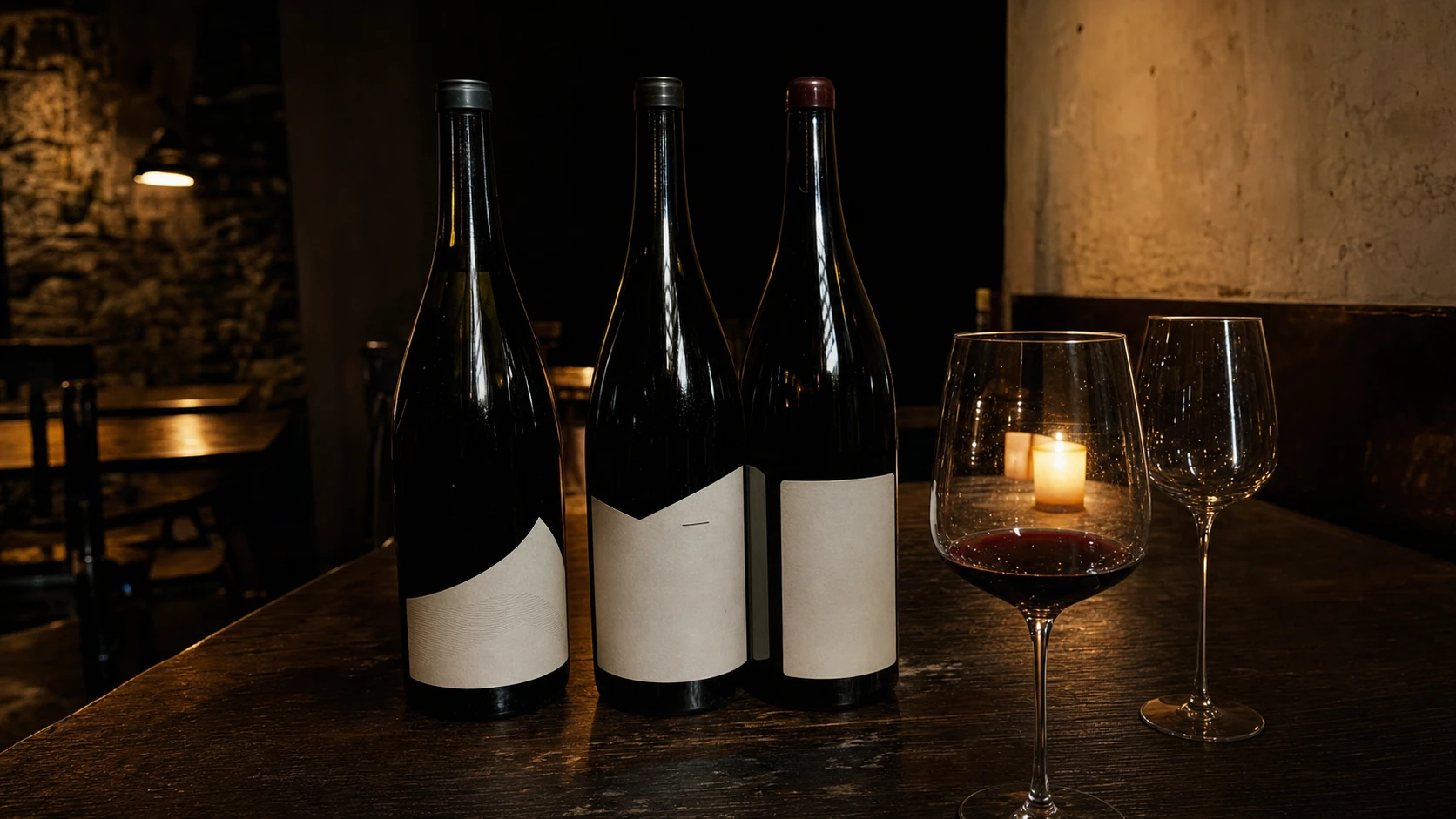 Botellas de Bodeguita Canaria sobre mesa de madera, luz de vela