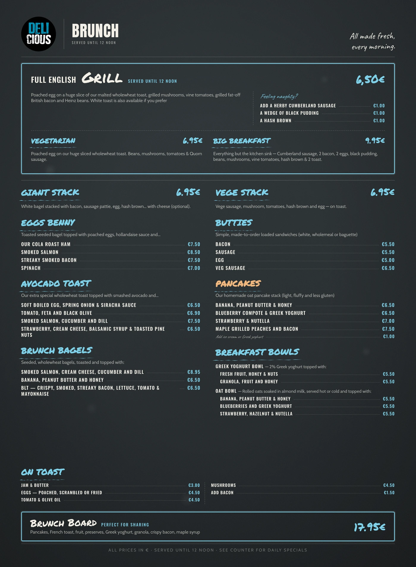 Delicious Brunch menu, dark theme — print design by Viva Grafix