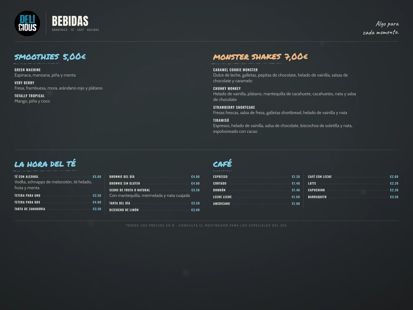 Delicious Drinks menu (Español reverse) — print design by Viva Grafix