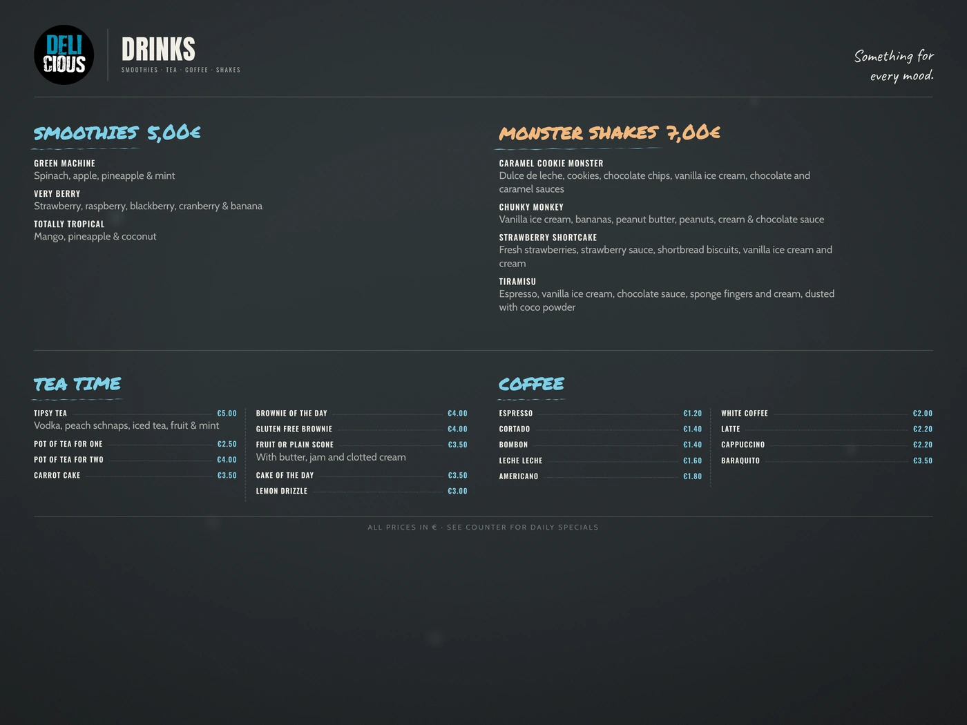 Delicious Drinks menu (English front) — print design