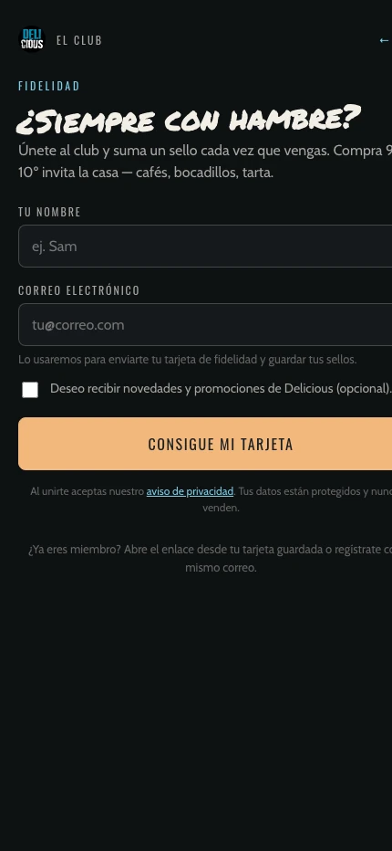 Sitio web de Delicious — fidelización El Club en español