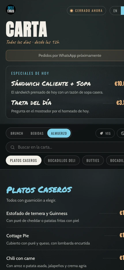 Sitio web de Delicious — carta y pedidos en español