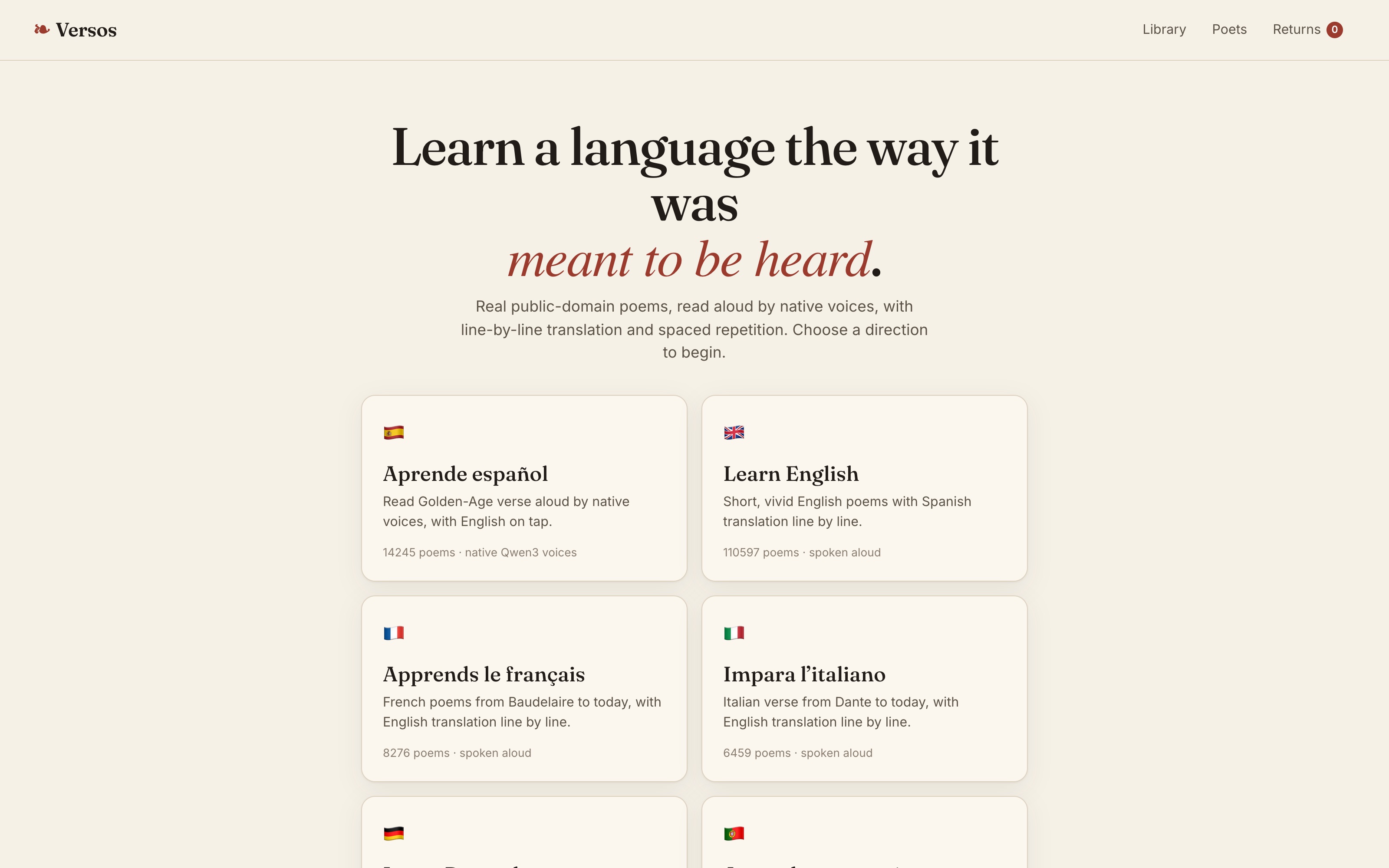 Versos library hub — seven languages and 186,000+ public-domain poems