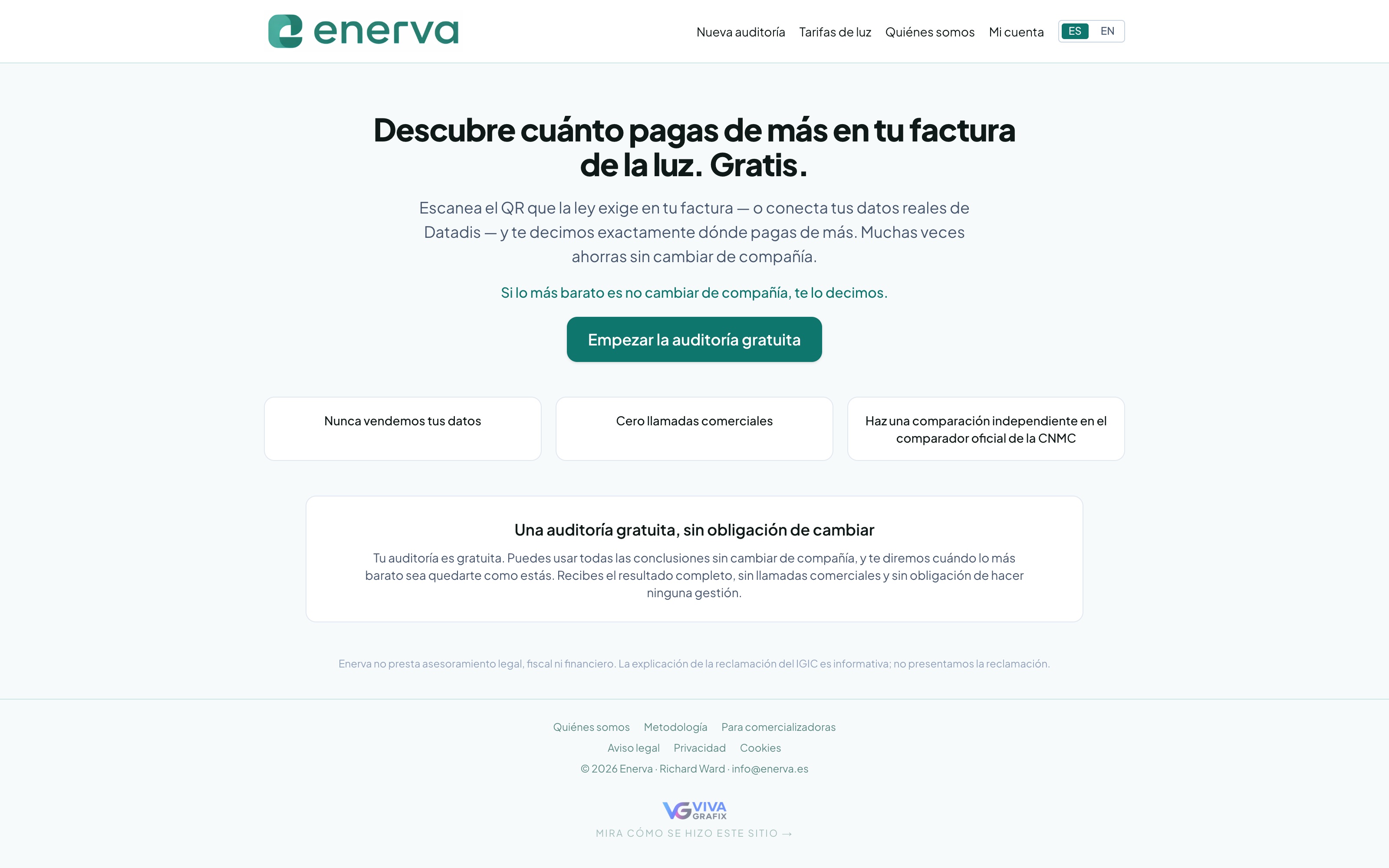Enerva homepage — free electricity-bill audit with no demo banner