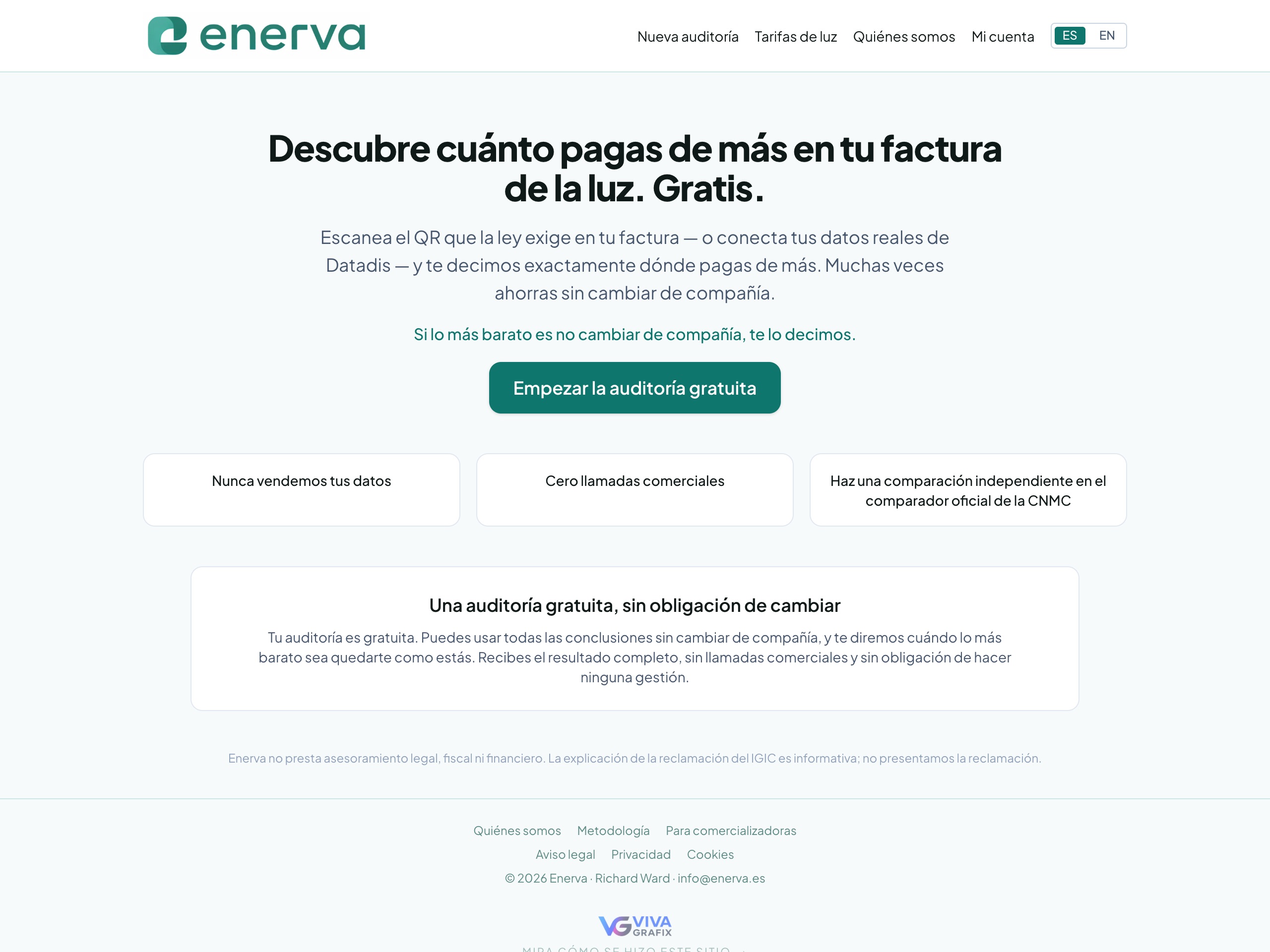 Enerva homepage — energy-bill audit interface designed by Viva Grafix